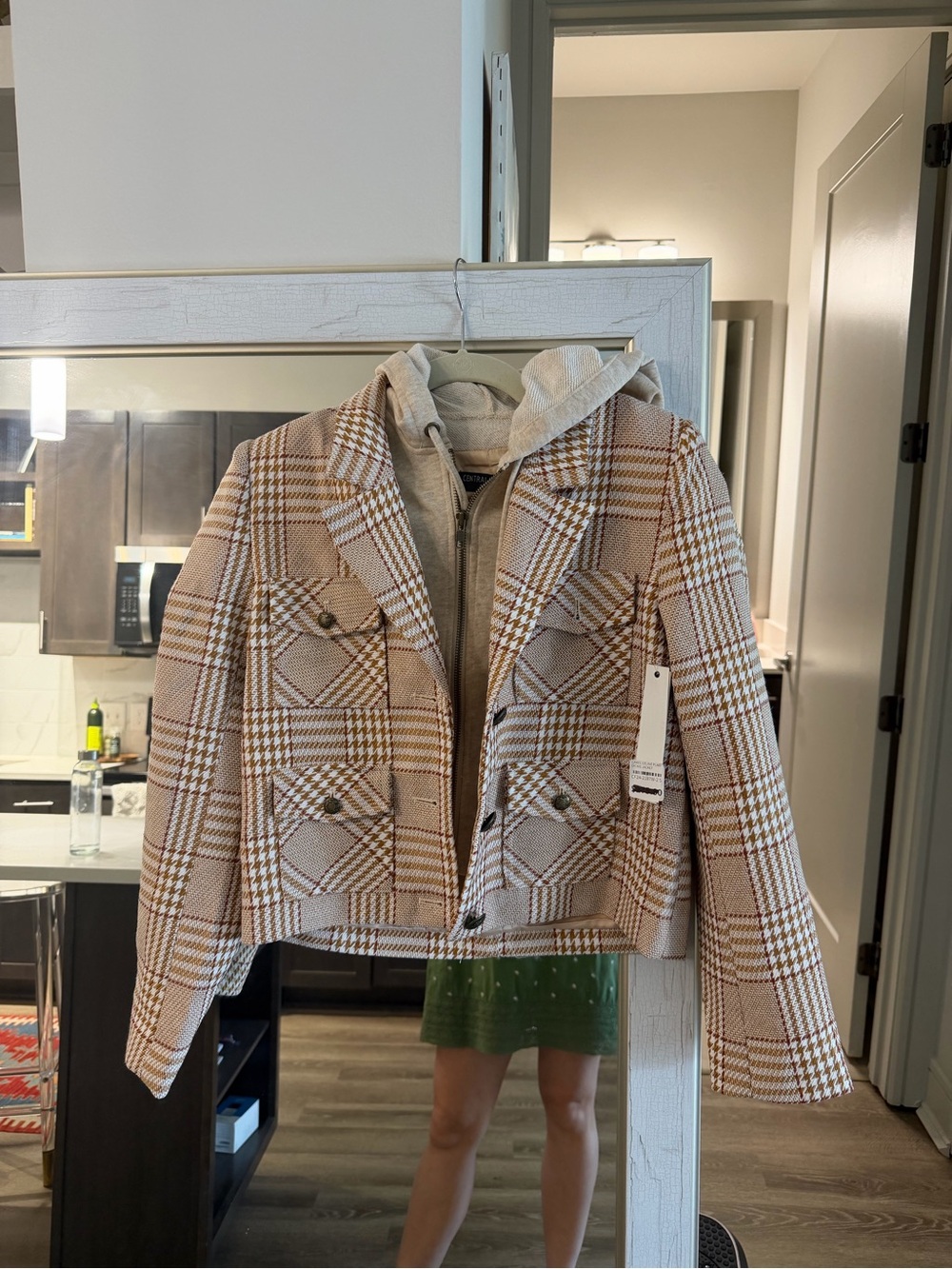 Central Park West Beige Plaid Jacket with Removable Hooded Layer